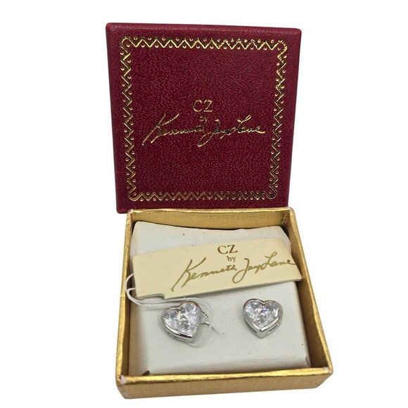Vintage CZ by Kenneth Jay Lane Heart Stone Stud Earrings Silver Tone NEW - Picture 1 of 3